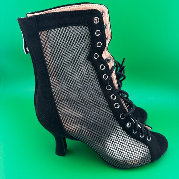 BLACK SUEDE AND MESH, OPEN TOE DANCE BOOTS, LACE-UP AND BACK ZIPPER, SIZE 5.5 - Picture 4 of 7